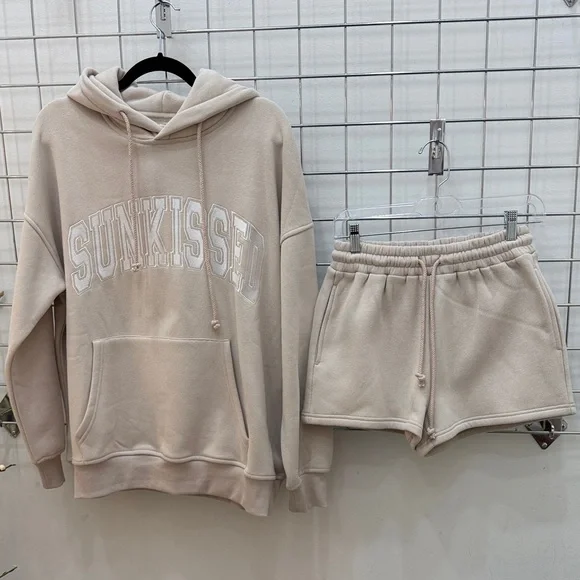Sunkissed Beige Hoodie and Shorts Set - Picture 1 of 7